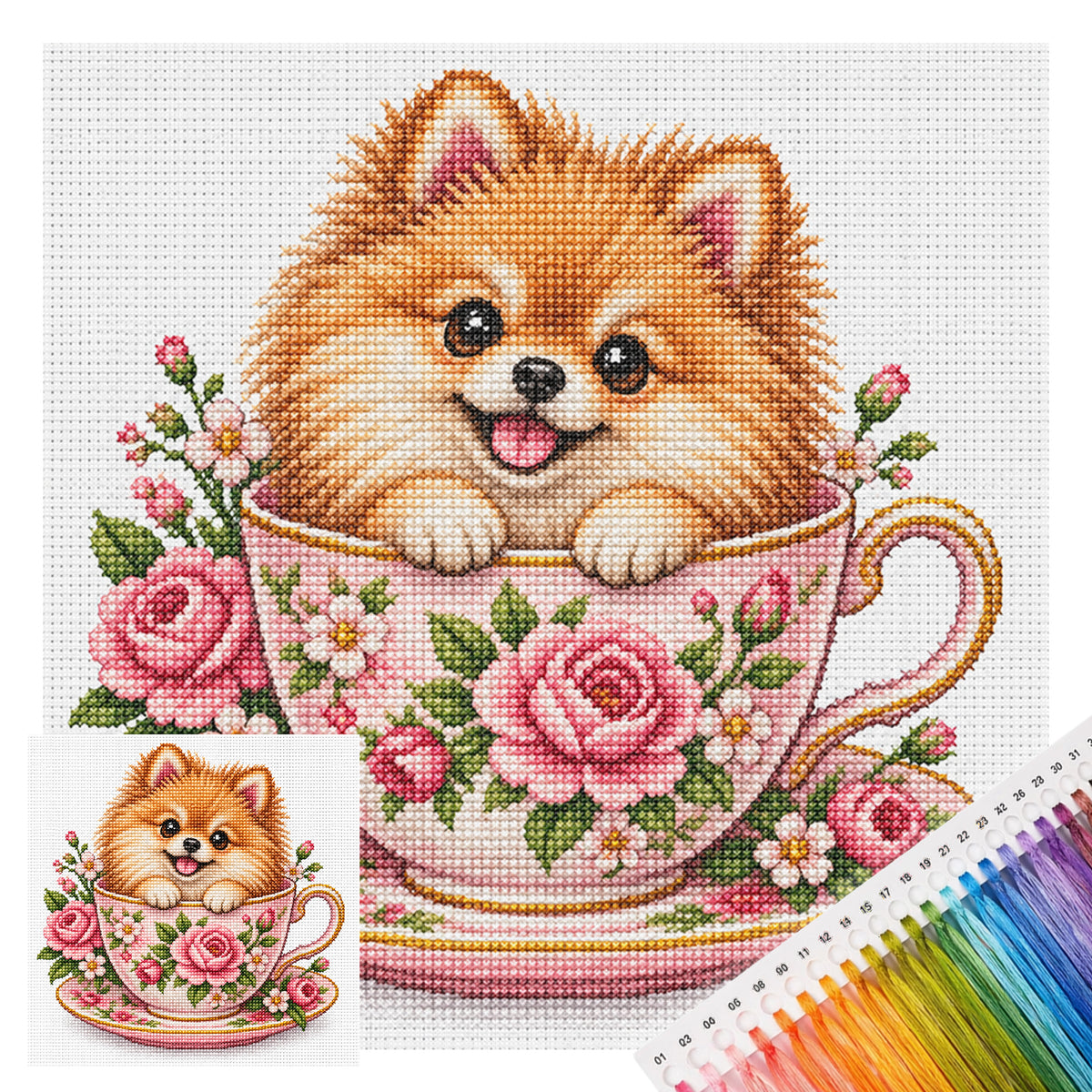 Rose Teacup Pomeranian-Dog - Full 14CT Stamped Cross Stitch 30x30CM - Huacan