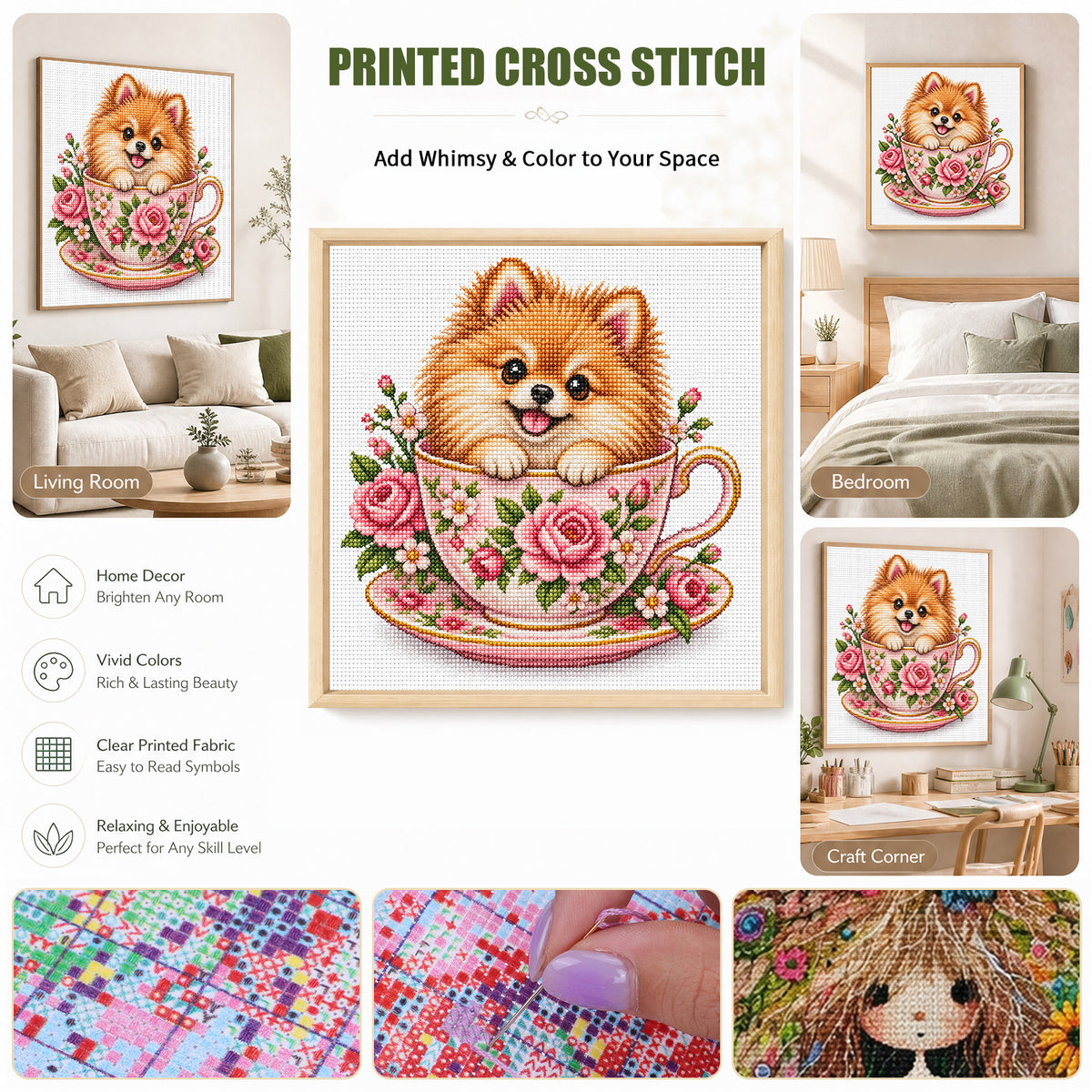 Rose Teacup Pomeranian-Dog - Full 14CT Stamped Cross Stitch 30x30CM - Huacan