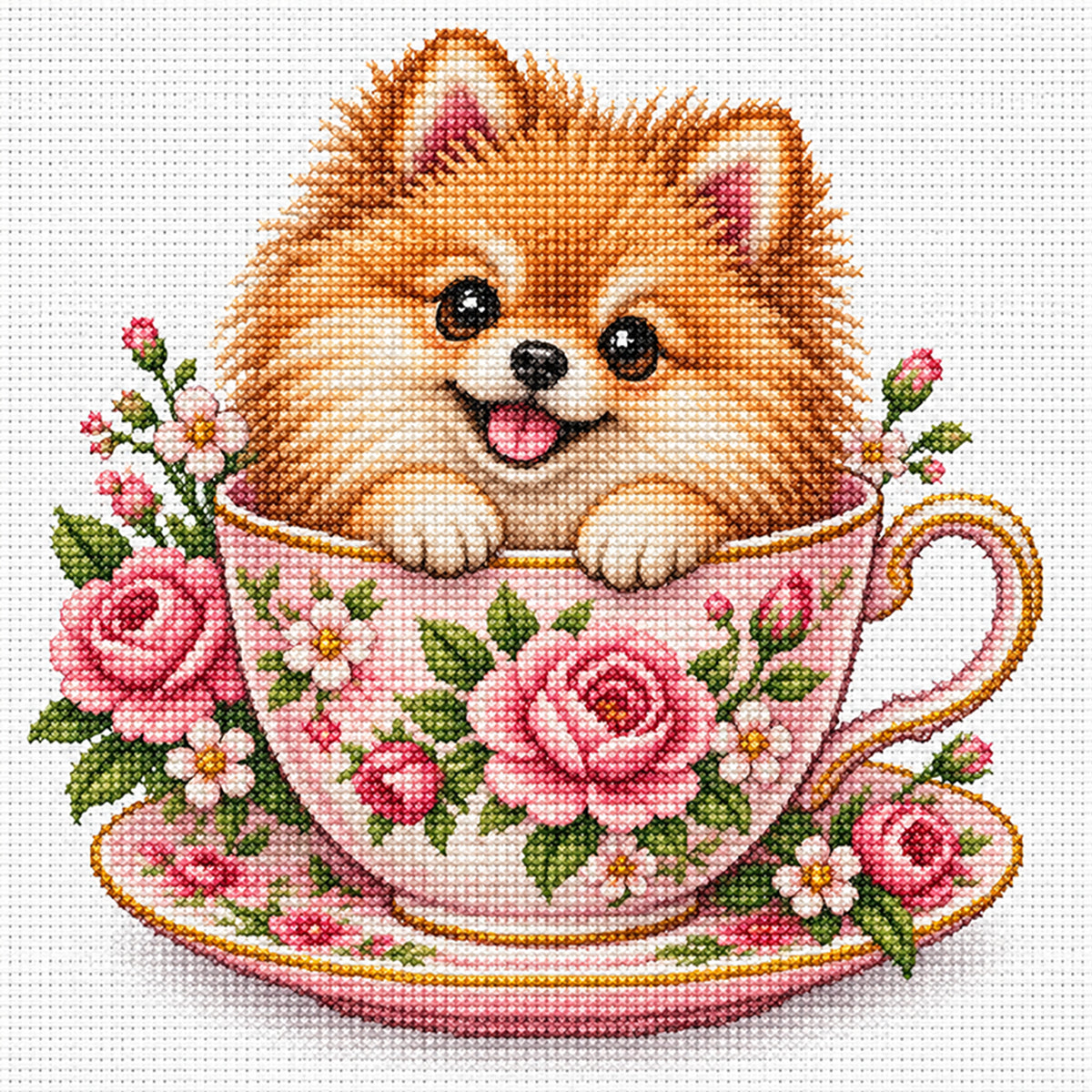 Rose Teacup Pomeranian-Dog - Full 14CT Stamped Cross Stitch 30x30CM - Huacan
