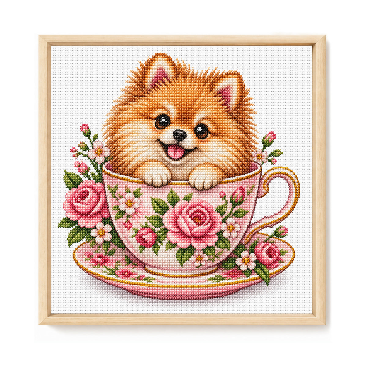 Rose Teacup Pomeranian-Dog - Full 14CT Stamped Cross Stitch 30x30CM - Huacan