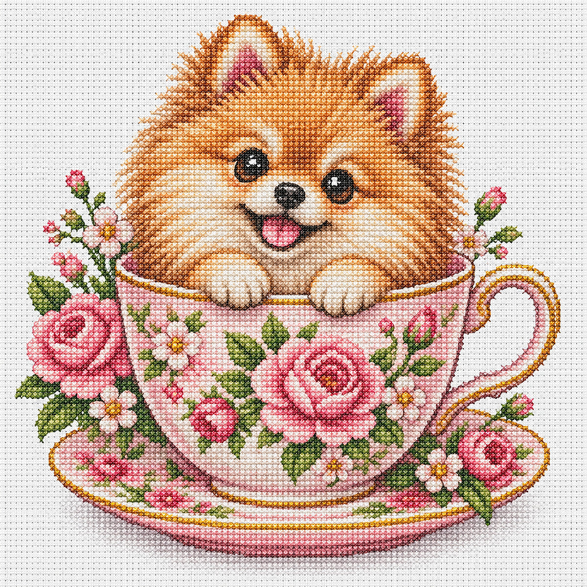 Rose Teacup Pomeranian-Dog - Full 14CT Stamped Cross Stitch 30x30CM - Huacan