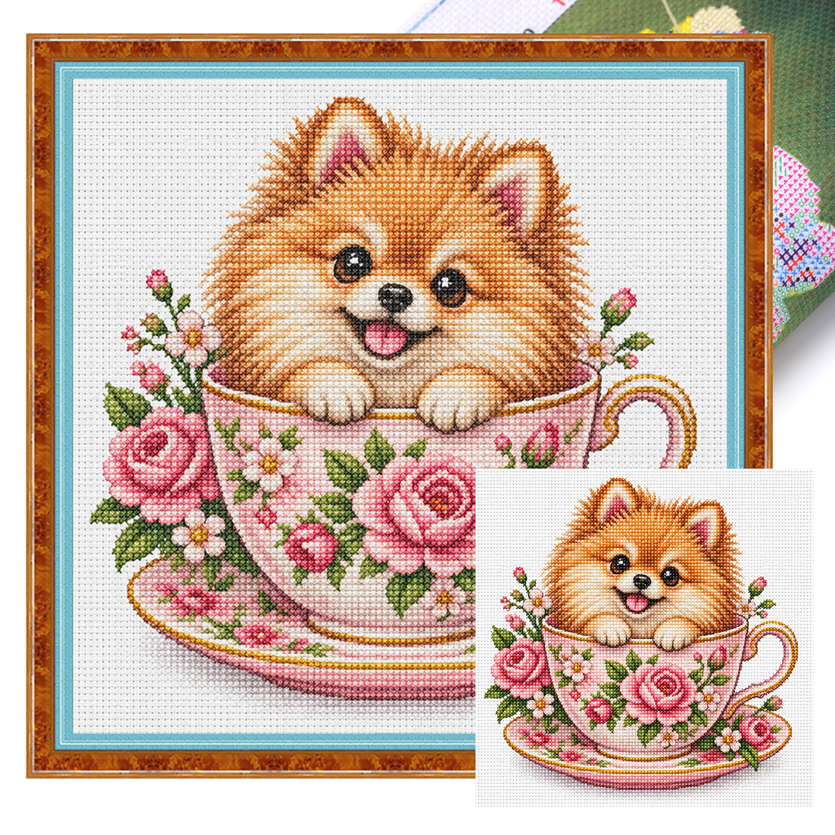 Rose Teacup Pomeranian-Dog - Full 14CT Stamped Cross Stitch 30x30CM - Huacan