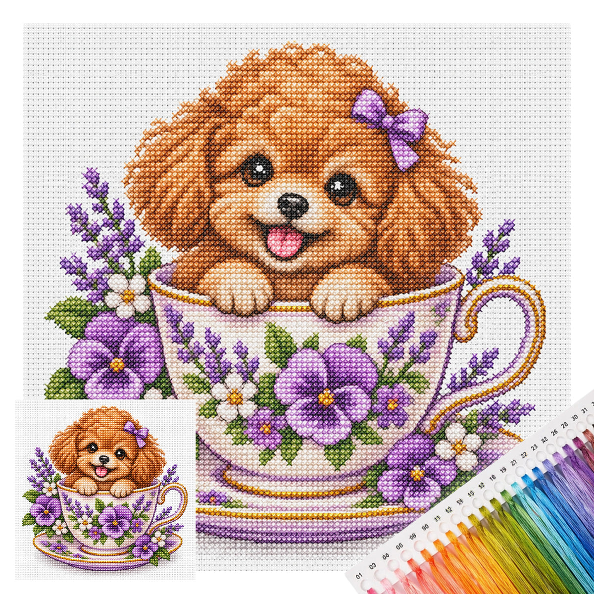 Lavendel-Teetassen-Pudel – Vollständiges 14CT-Stempel-Kreuzstichset 30x30 cm – Huacan