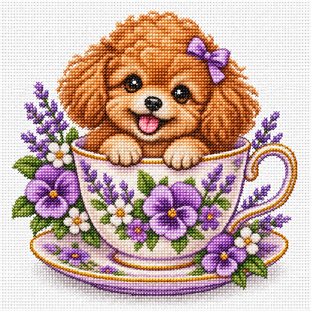 Lavendel-Teetassen-Pudel – Vollständiges 14CT-Stempel-Kreuzstichset 30x30 cm – Huacan