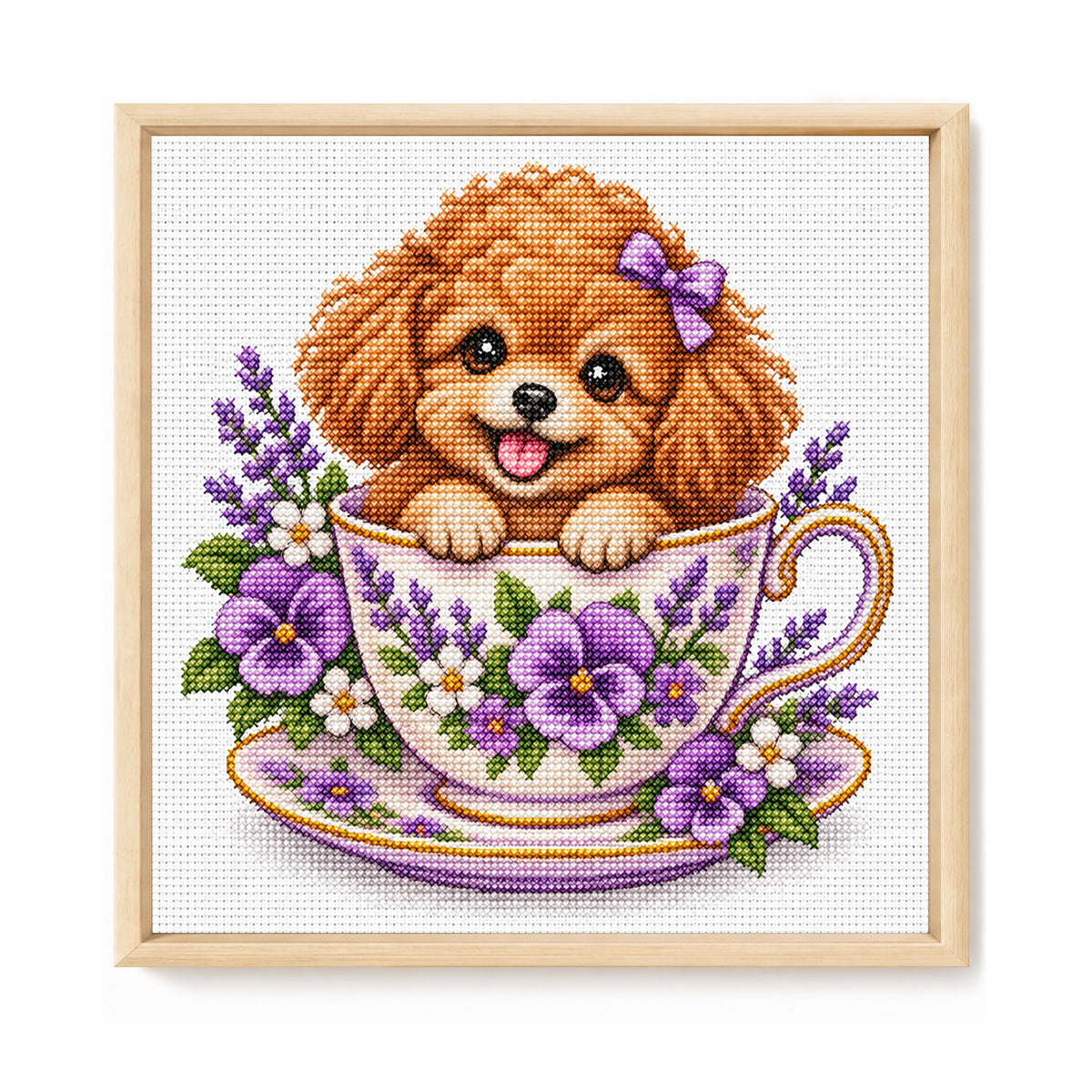 Lavendel-Teetassen-Pudel – Vollständiges 14CT-Stempel-Kreuzstichset 30x30 cm – Huacan