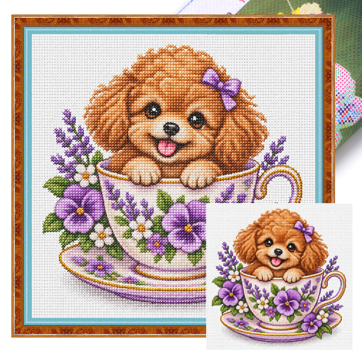 Lavendel-Teetassen-Pudel – Vollständiges 14CT-Stempel-Kreuzstichset 30x30 cm – Huacan