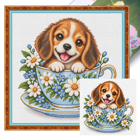 Daisy Teacup Beagle-Hund - Vollständiges 14CT gestempeltes Kreuzstich-Set 30x30CM - Huacan