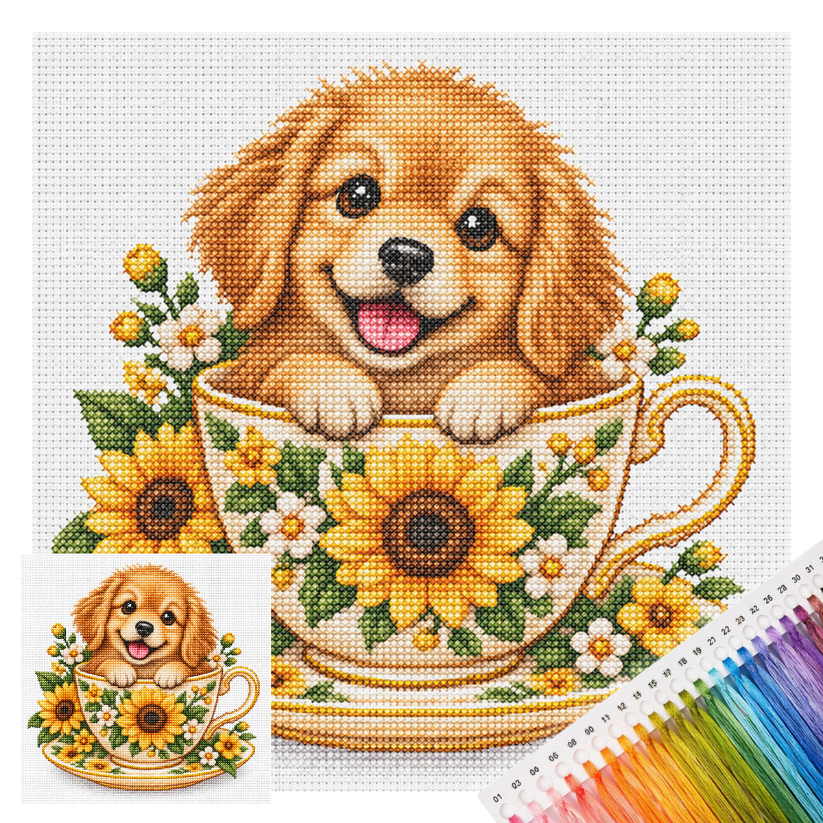 Sunflower Teacup Golden Retriever-Dog - Full 14CT Stamped Cross Stitch 30x30CM - Huacan