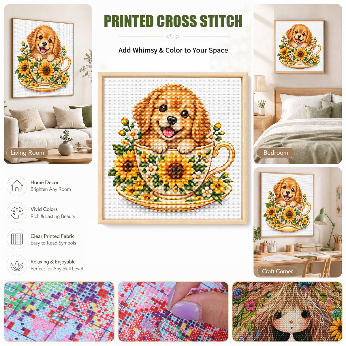 Sunflower Teacup Golden Retriever-Dog - Full 14CT Stamped Cross Stitch 30x30CM - Huacan