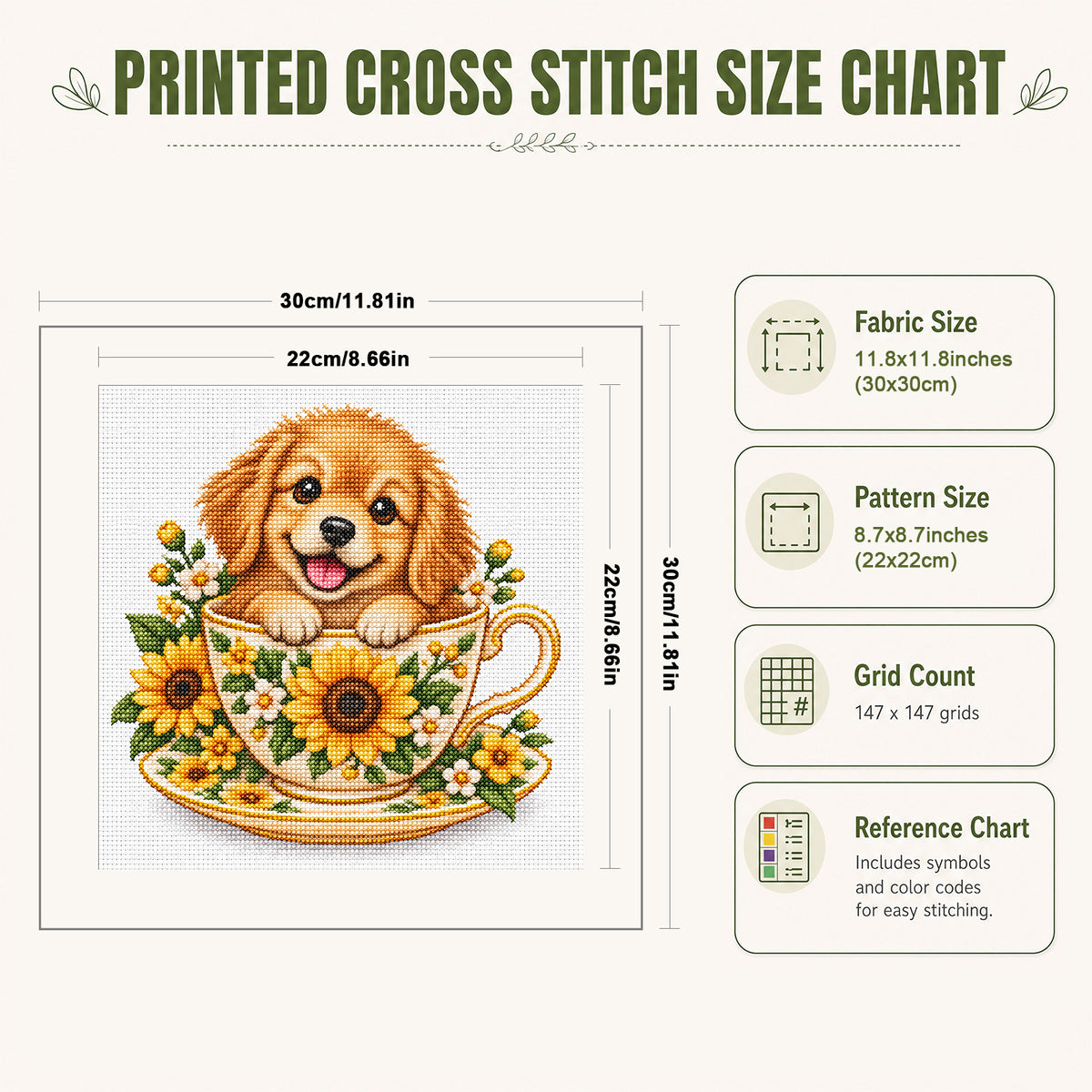 Sunflower Teacup Golden Retriever-Dog - Full 14CT Stamped Cross Stitch 30x30CM - Huacan