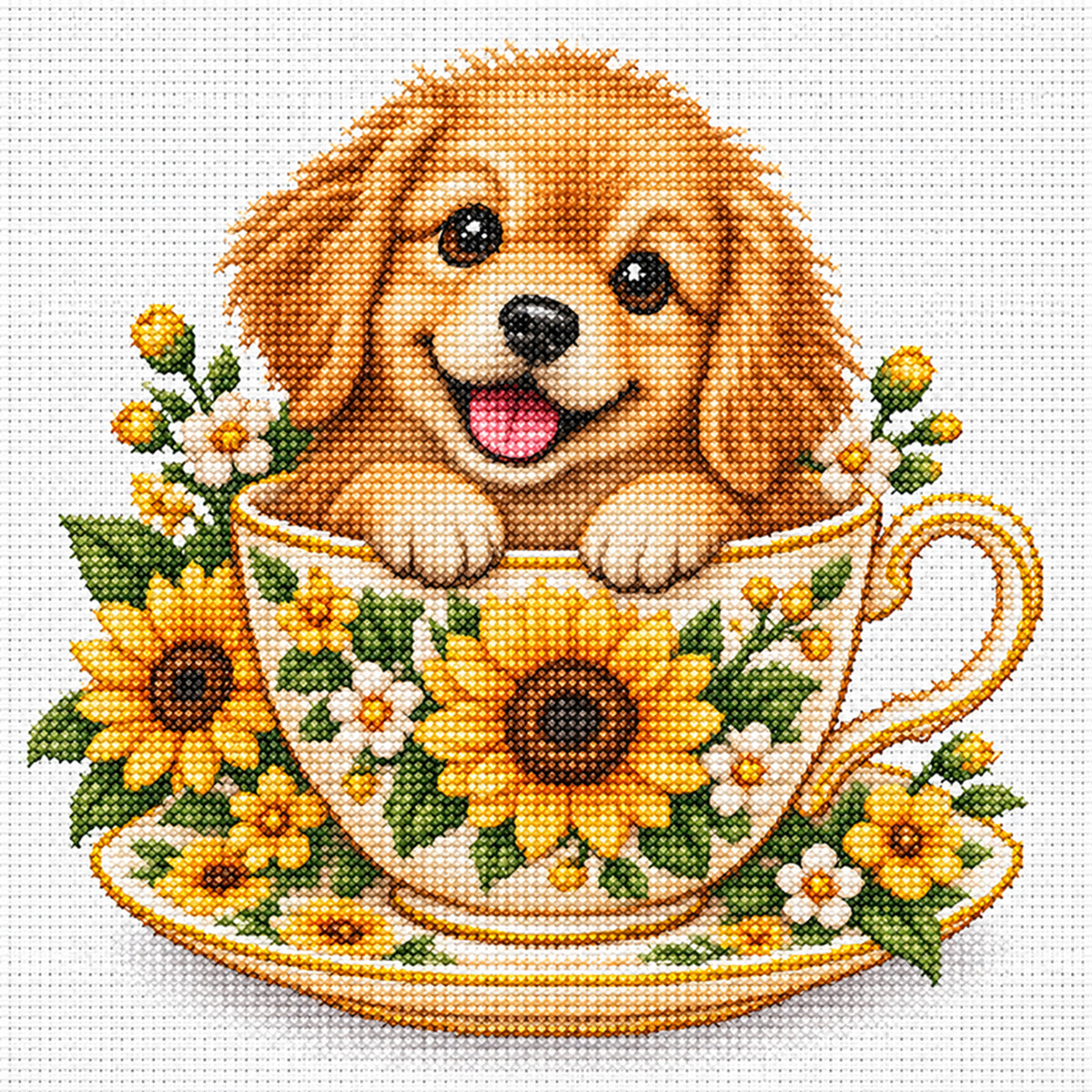 Sunflower Teacup Golden Retriever-Dog - Full 14CT Stamped Cross Stitch 30x30CM - Huacan