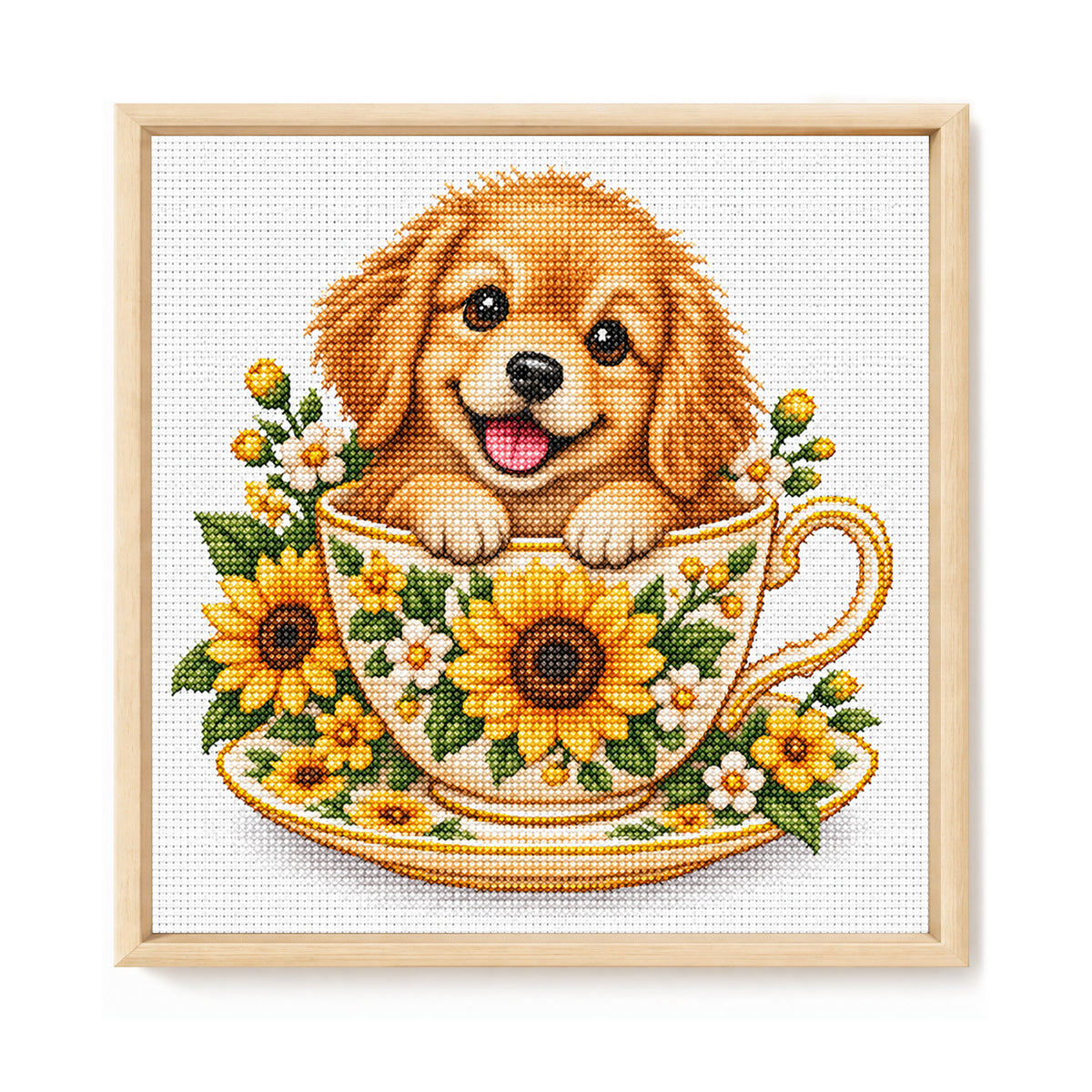 Sunflower Teacup Golden Retriever-Dog - Full 14CT Stamped Cross Stitch 30x30CM - Huacan