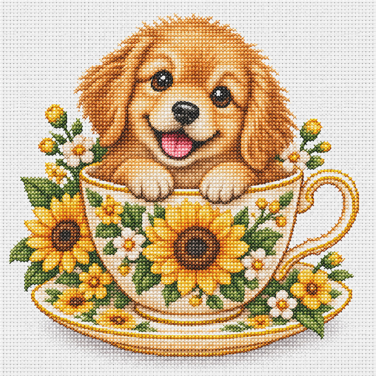 Sunflower Teacup Golden Retriever-Dog - Full 14CT Stamped Cross Stitch 30x30CM - Huacan