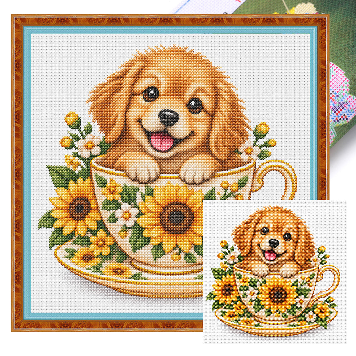 Sunflower Teacup Golden Retriever-Dog - Full 14CT Stamped Cross Stitch 30x30CM - Huacan