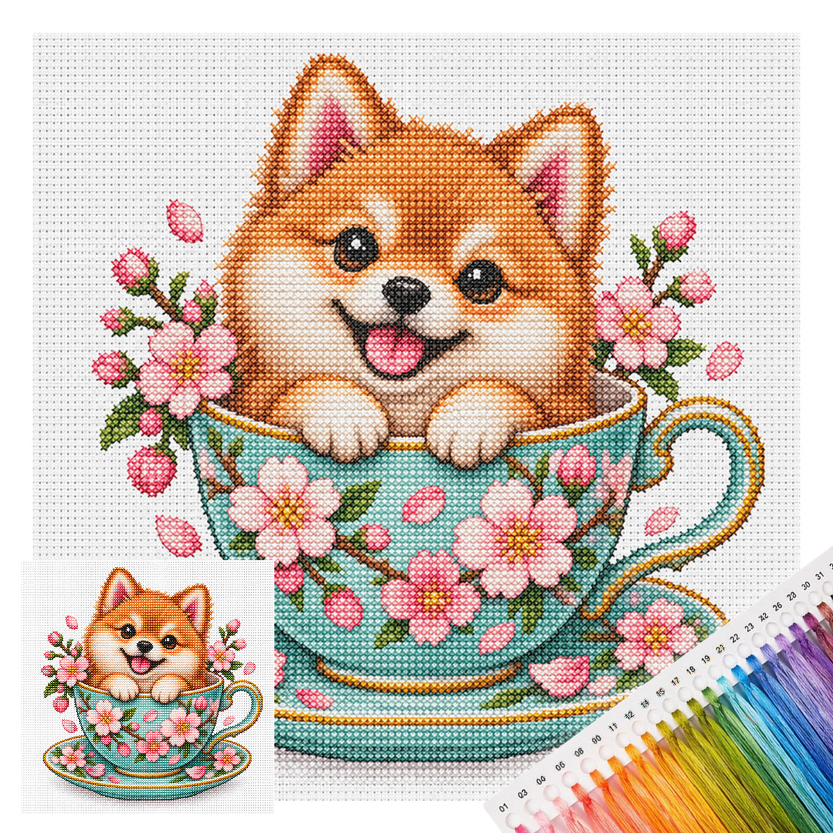 Kirschblüten-Teeschale Shiba Inu-Hund - Vollständiges 14CT gestempeltes Kreuzstich-Set 30x30cm - Huacan