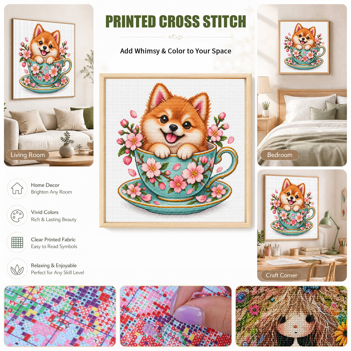 Kirschblüten-Teeschale Shiba Inu-Hund - Vollständiges 14CT gestempeltes Kreuzstich-Set 30x30cm - Huacan