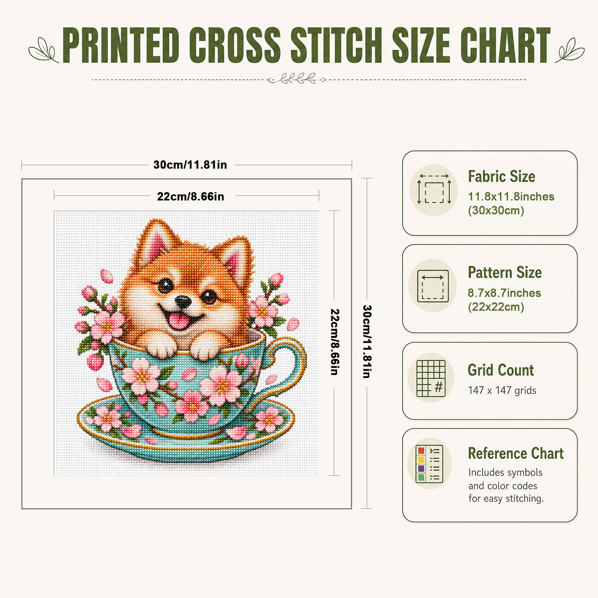 Kirschblüten-Teeschale Shiba Inu-Hund - Vollständiges 14CT gestempeltes Kreuzstich-Set 30x30cm - Huacan