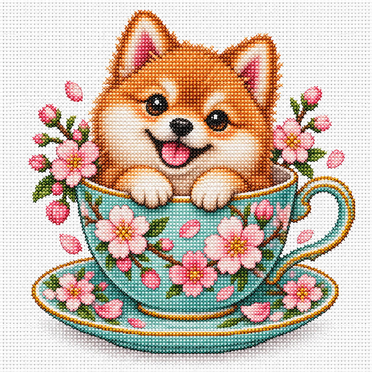 Kirschblüten-Teeschale Shiba Inu-Hund - Vollständiges 14CT gestempeltes Kreuzstich-Set 30x30cm - Huacan