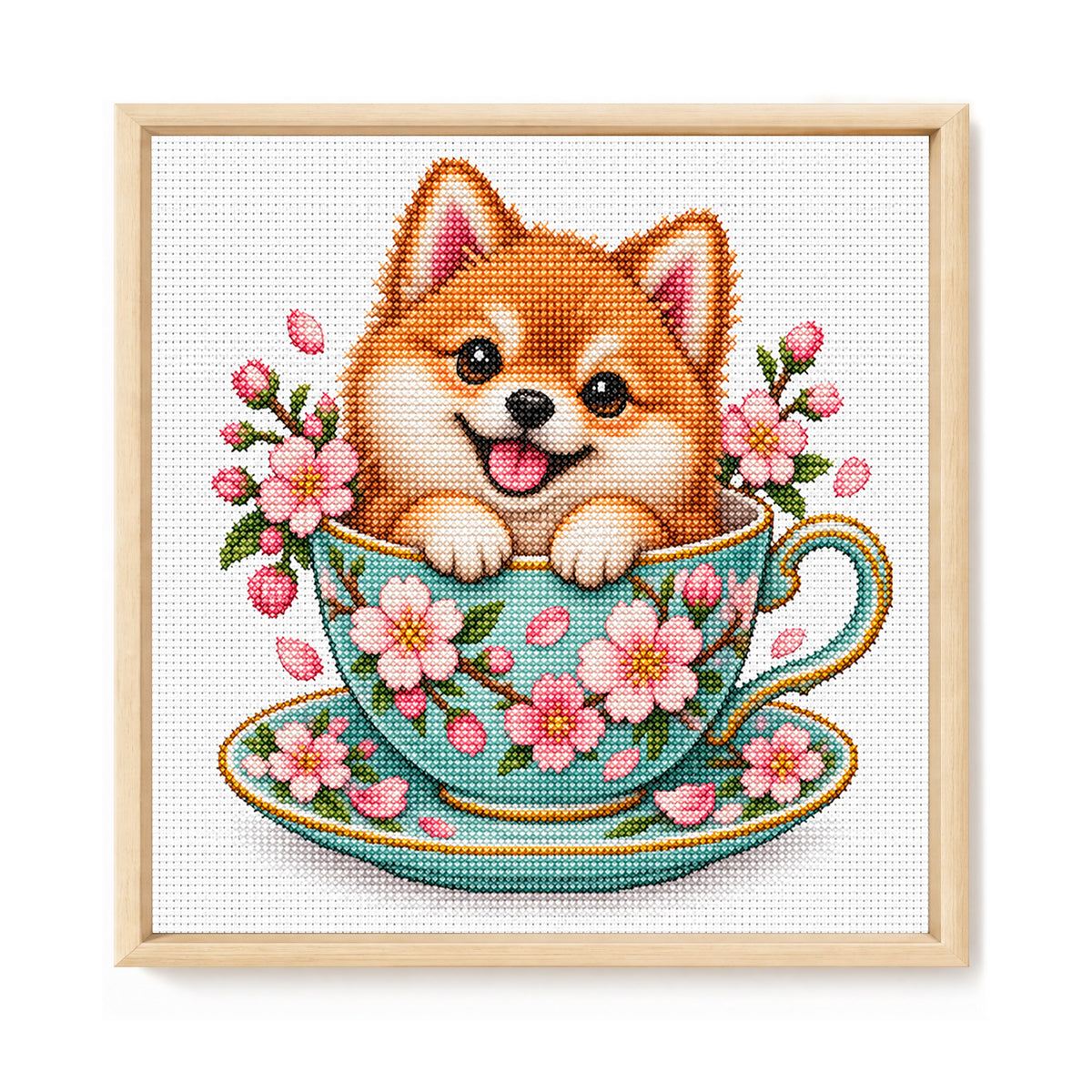 Kirschblüten-Teeschale Shiba Inu-Hund - Vollständiges 14CT gestempeltes Kreuzstich-Set 30x30cm - Huacan