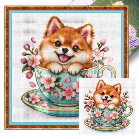 Kirschblüten-Teeschale Shiba Inu-Hund - Vollständiges 14CT gestempeltes Kreuzstich-Set 30x30cm - Huacan