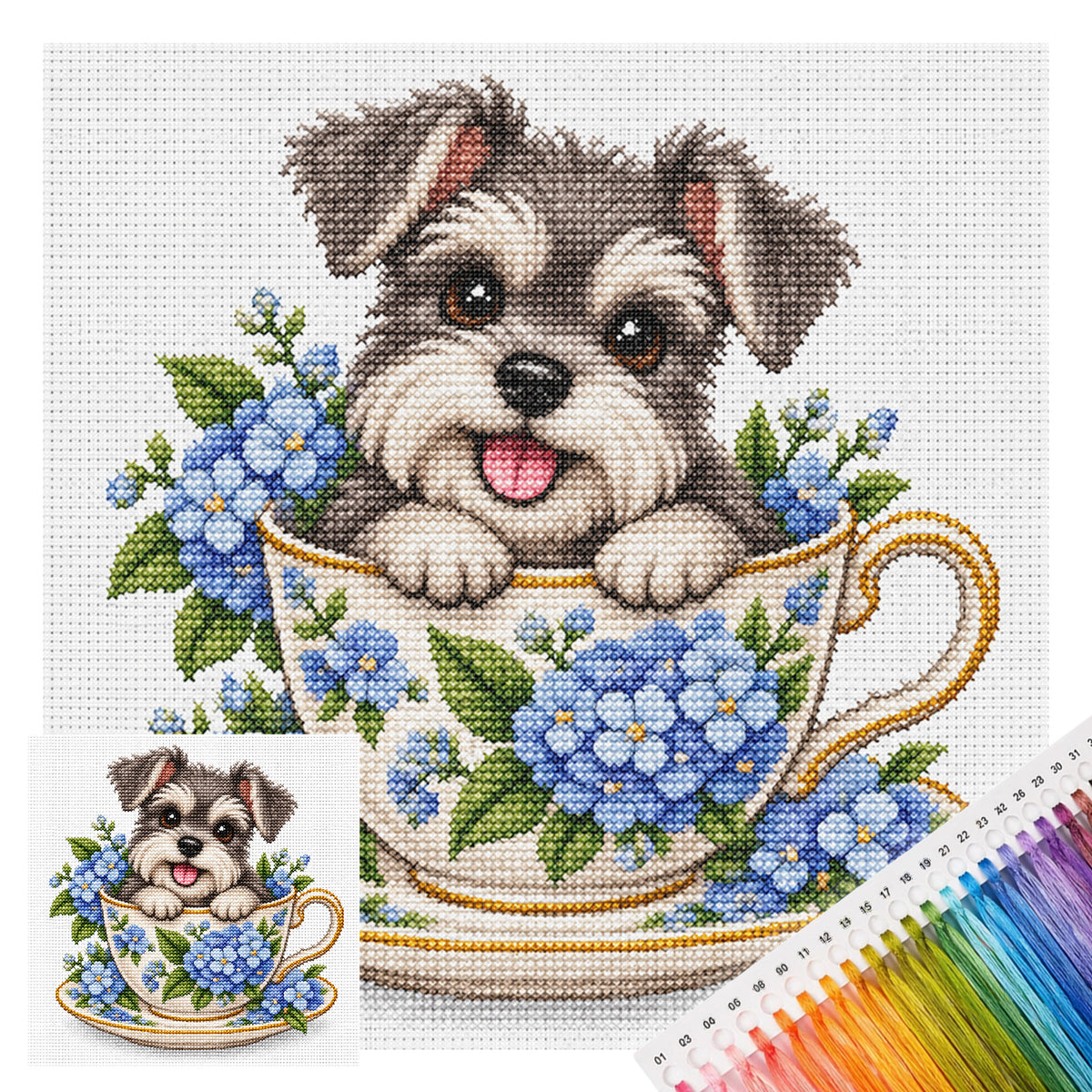 Hortensien-Teetassen-Schnauzer – Vollständiges 14CT gestempeltes Kreuzstich-Set 30x30CM – Huacan