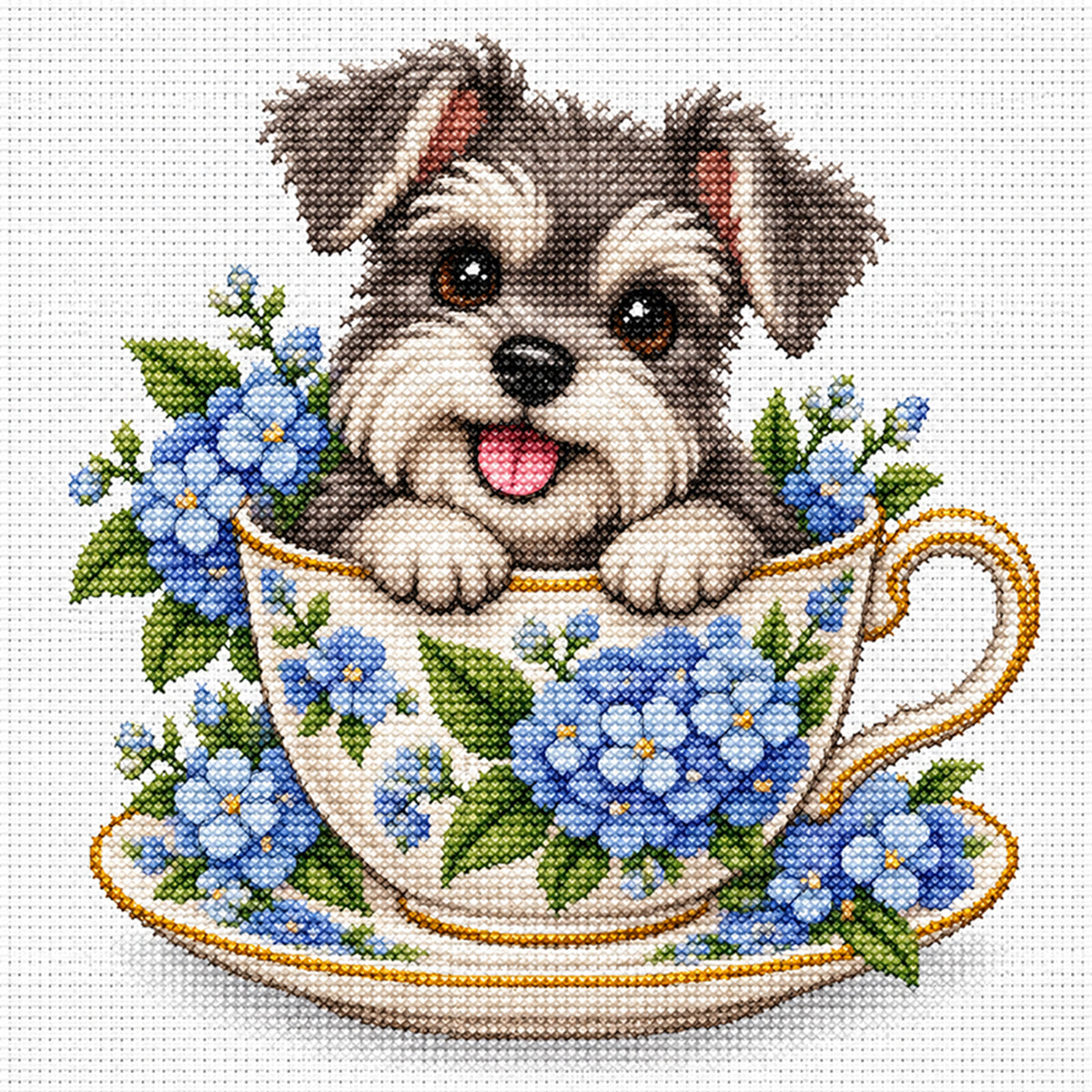 Hortensien-Teetassen-Schnauzer – Vollständiges 14CT gestempeltes Kreuzstich-Set 30x30CM – Huacan