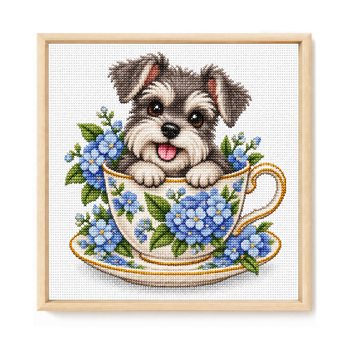 Hortensien-Teetassen-Schnauzer – Vollständiges 14CT gestempeltes Kreuzstich-Set 30x30CM – Huacan