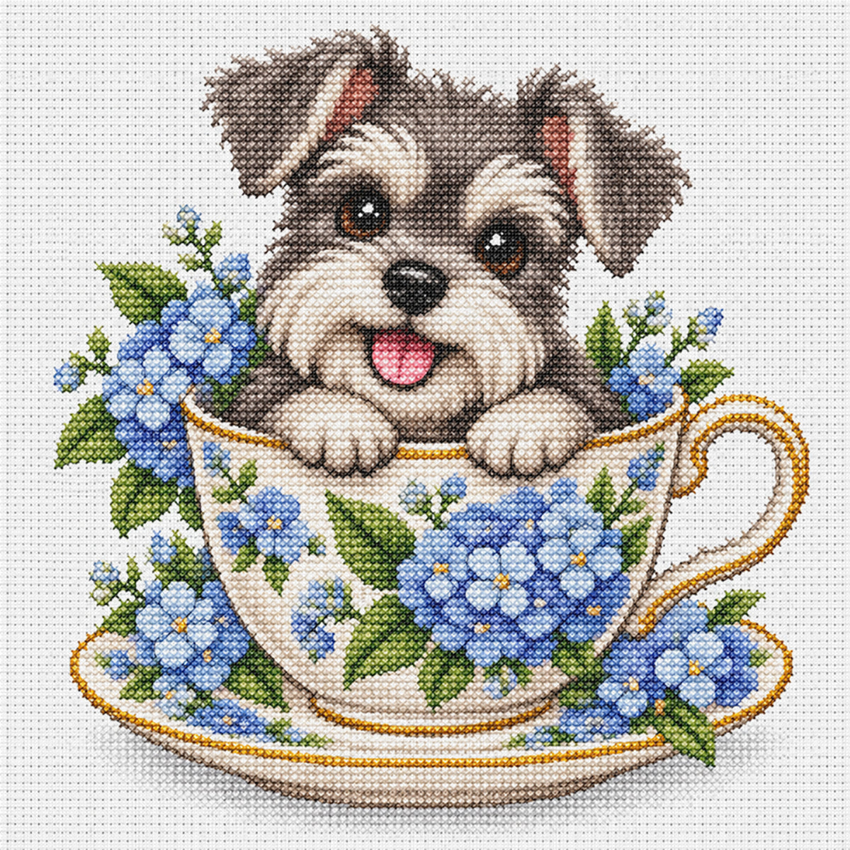 Hortensien-Teetassen-Schnauzer – Vollständiges 14CT gestempeltes Kreuzstich-Set 30x30CM – Huacan