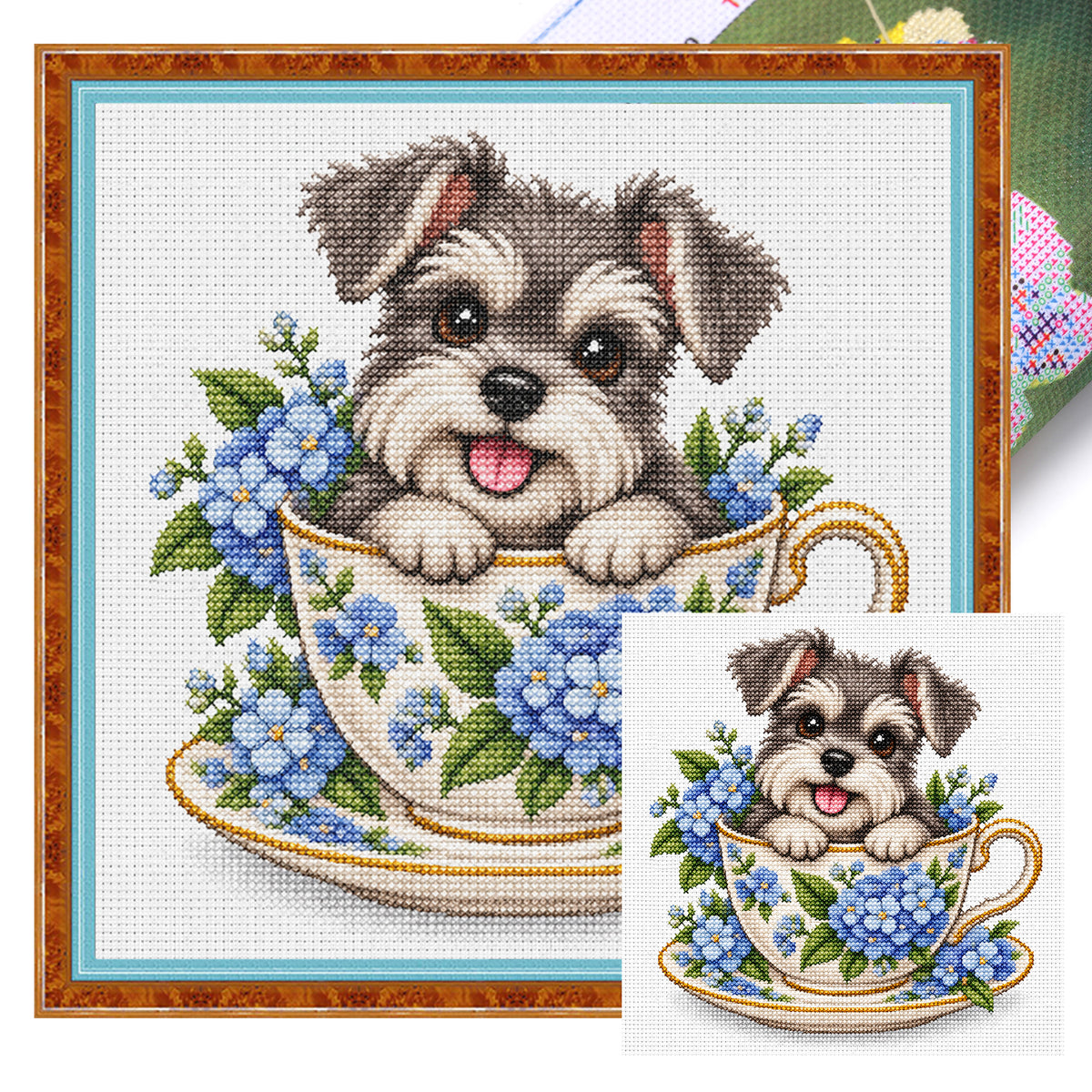 Hortensien-Teetassen-Schnauzer – Vollständiges 14CT gestempeltes Kreuzstich-Set 30x30CM – Huacan
