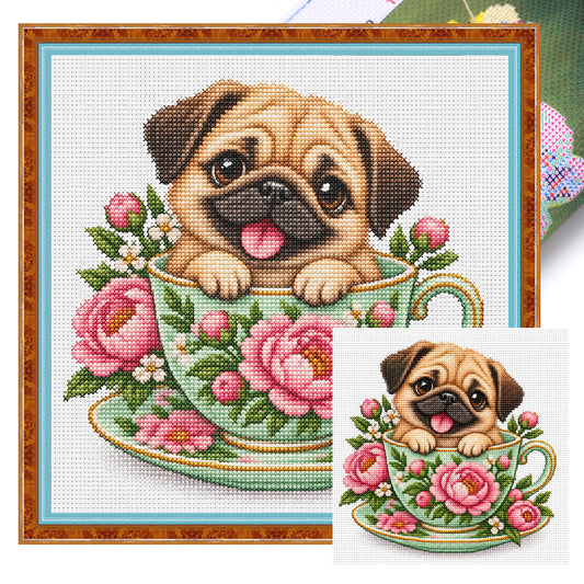 Pfingstrosen-Teetassen-Mops - Vollständiges 14CT gestempeltes Kreuzstich-Set 30x30CM - Huacan