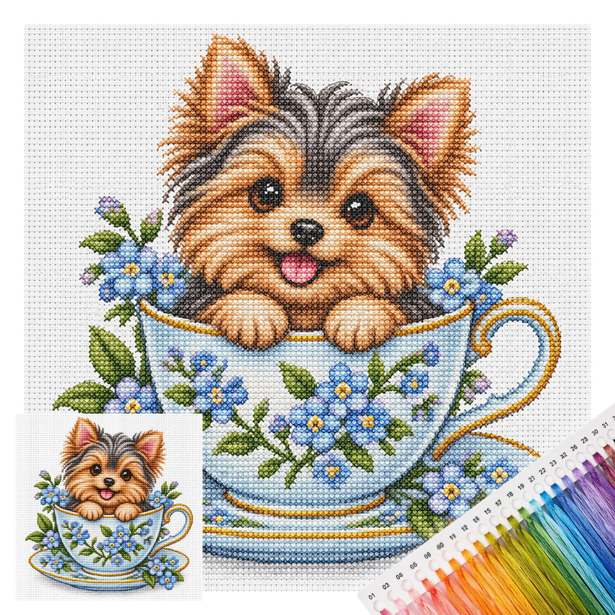 Teacup Yorkshire Terrier-Hund - Vollständiges 14CT gestempeltes Kreuzstich-Set 30x30CM - Huacan