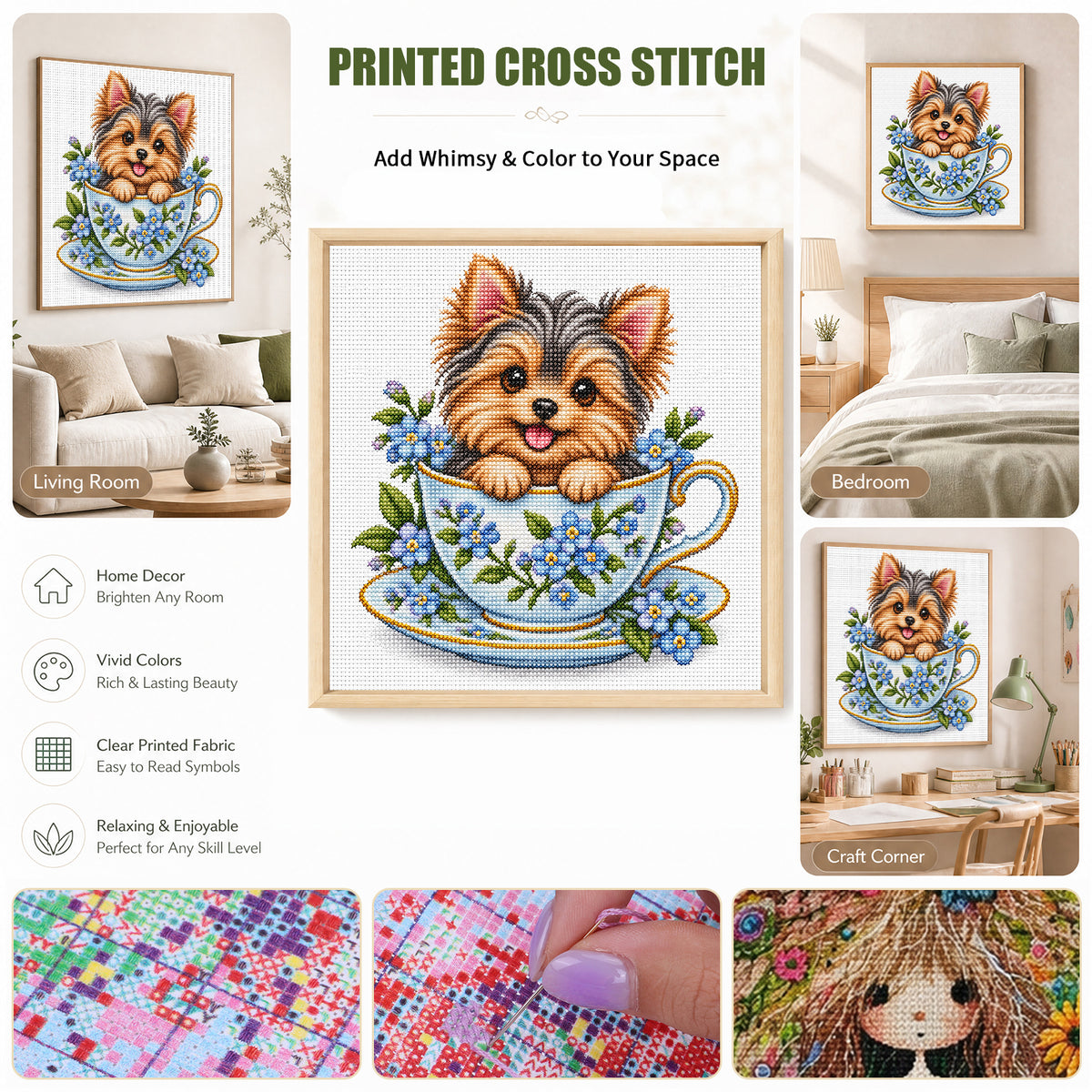 Teacup Yorkshire Terrier-Hund - Vollständiges 14CT gestempeltes Kreuzstich-Set 30x30CM - Huacan