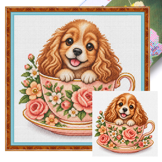 Rose Teacup Cocker Spaniel-Hund – Vollständiges 14CT gestempeltes Kreuzstich-Set 30x30CM – Huacan