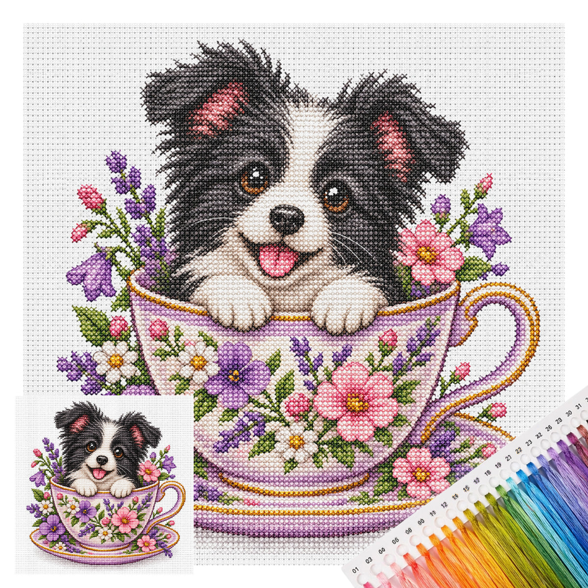 Violet Teacup Border Collie-Dog - Full 14CT Stamped Cross Stitch 30x30CM - Huacan