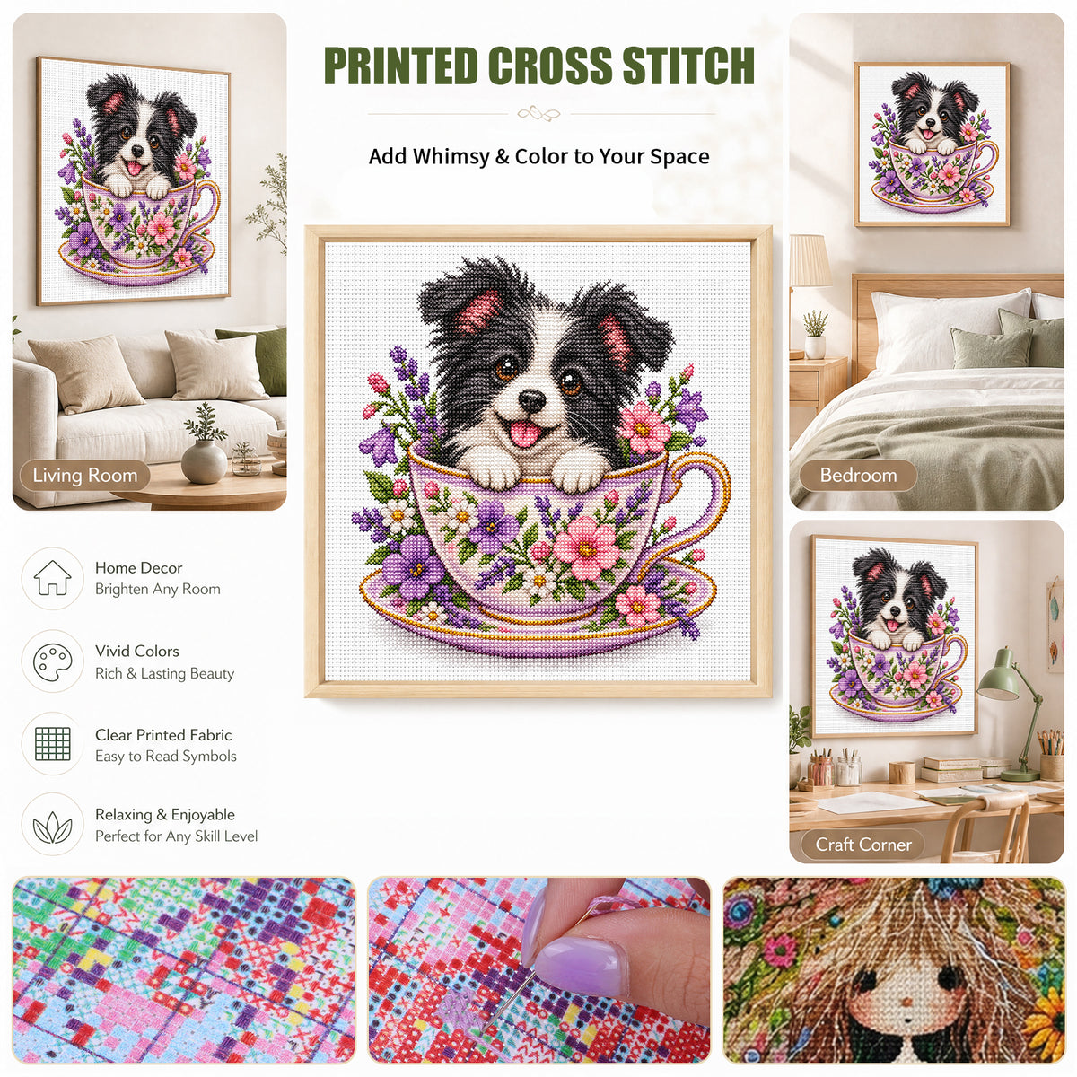 Violet Teacup Border Collie-Dog - Full 14CT Stamped Cross Stitch 30x30CM - Huacan
