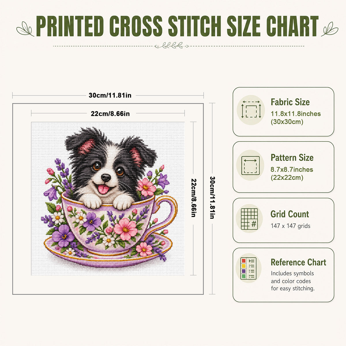 Violet Teacup Border Collie-Dog - Full 14CT Stamped Cross Stitch 30x30CM - Huacan