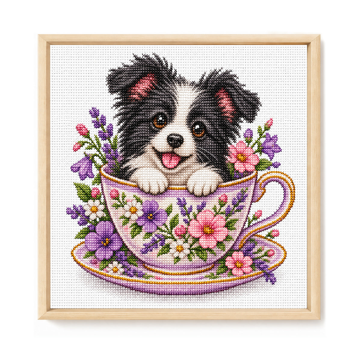 Violet Teacup Border Collie-Dog - Full 14CT Stamped Cross Stitch 30x30CM - Huacan