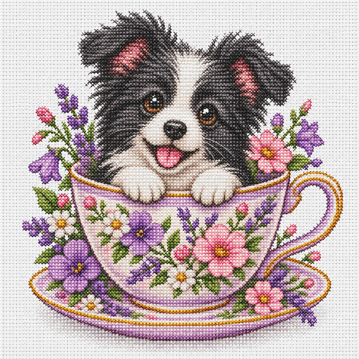 Violet Teacup Border Collie-Dog - Full 14CT Stamped Cross Stitch 30x30CM - Huacan