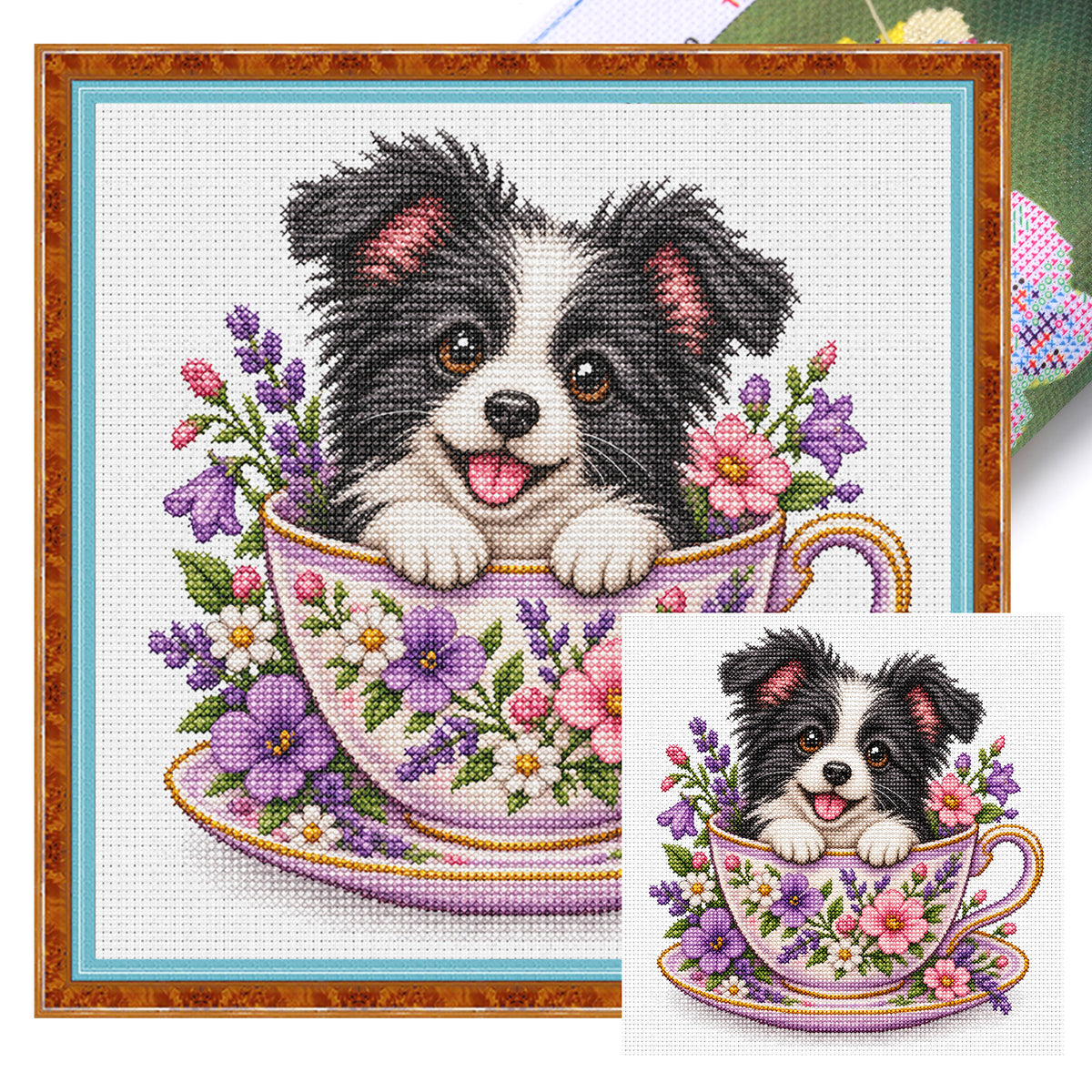 Violet Teacup Border Collie-Dog - Full 14CT Stamped Cross Stitch 30x30CM - Huacan
