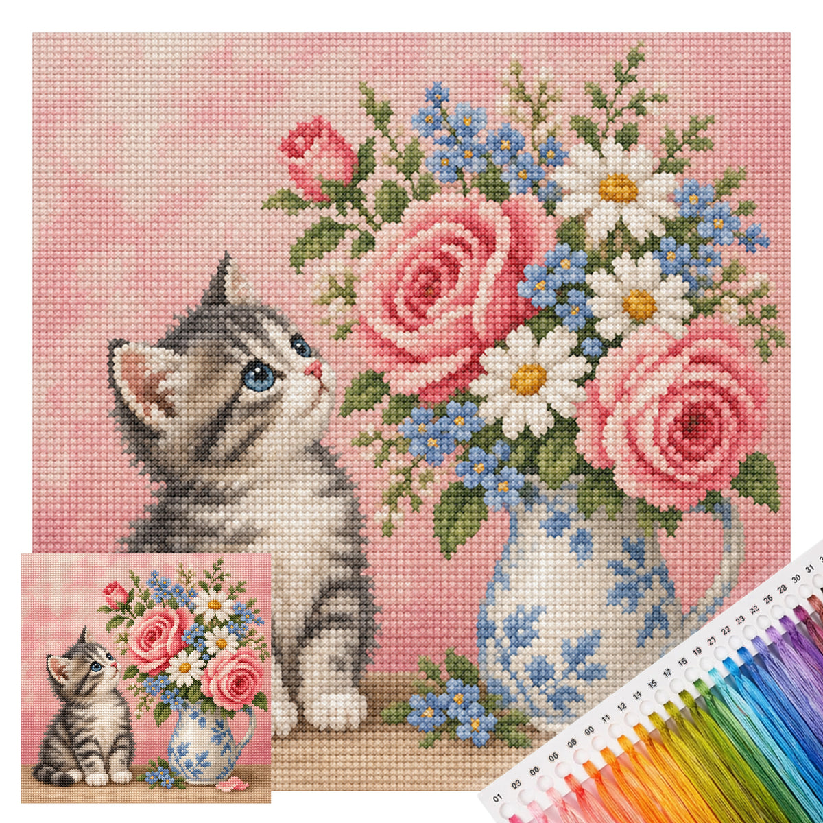 Kitty Blooms-Katze – Komplettes 14CT gestempeltes Kreuzstich-Set 30x30CM – Huacan
