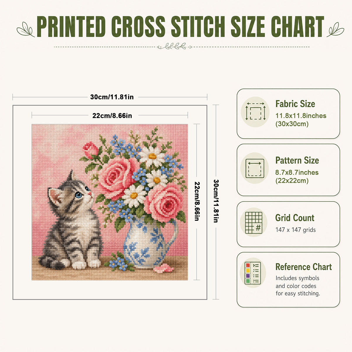 Kitty Blooms-Katze – Komplettes 14CT gestempeltes Kreuzstich-Set 30x30CM – Huacan