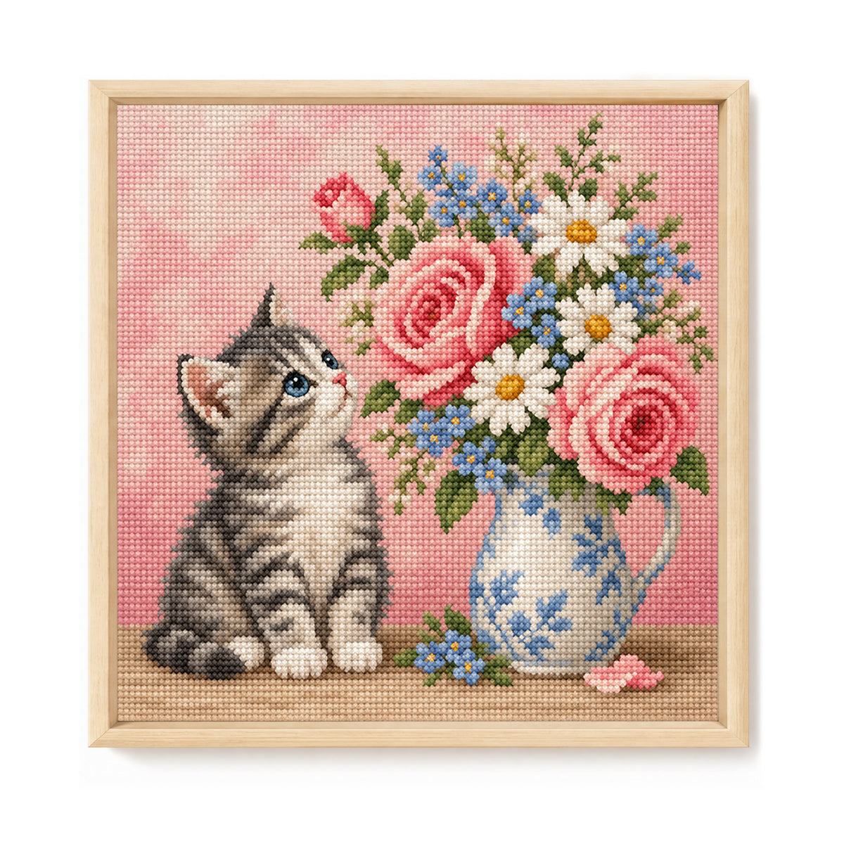 Kitty Blooms-Katze – Komplettes 14CT gestempeltes Kreuzstich-Set 30x30CM – Huacan