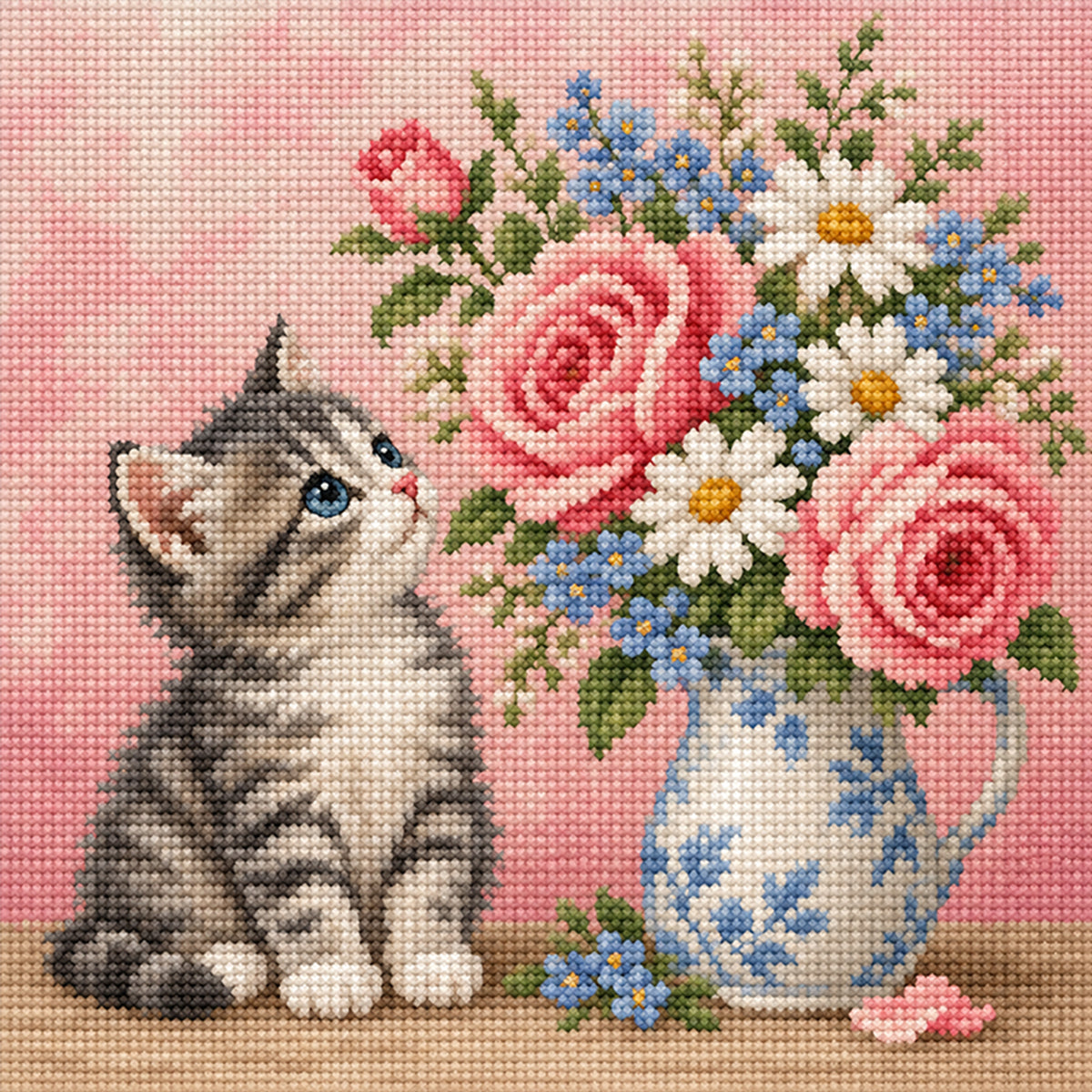 Kitty Blooms-Katze – Komplettes 14CT gestempeltes Kreuzstich-Set 30x30CM – Huacan