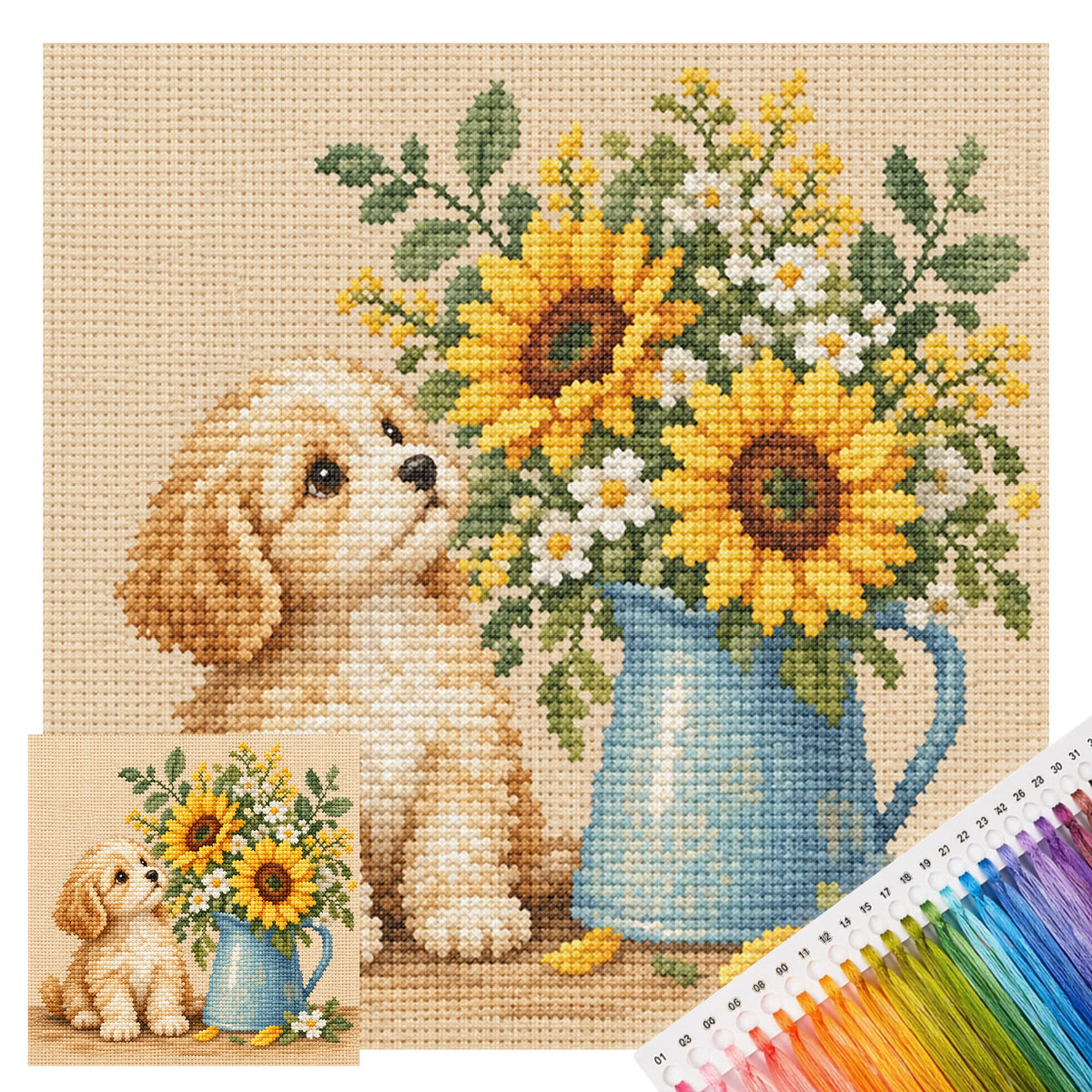 Welpen Sonnenblumen-Hund – Vollständiges 14CT gestempeltes Kreuzstich-Set 30x30CM – Huacan
