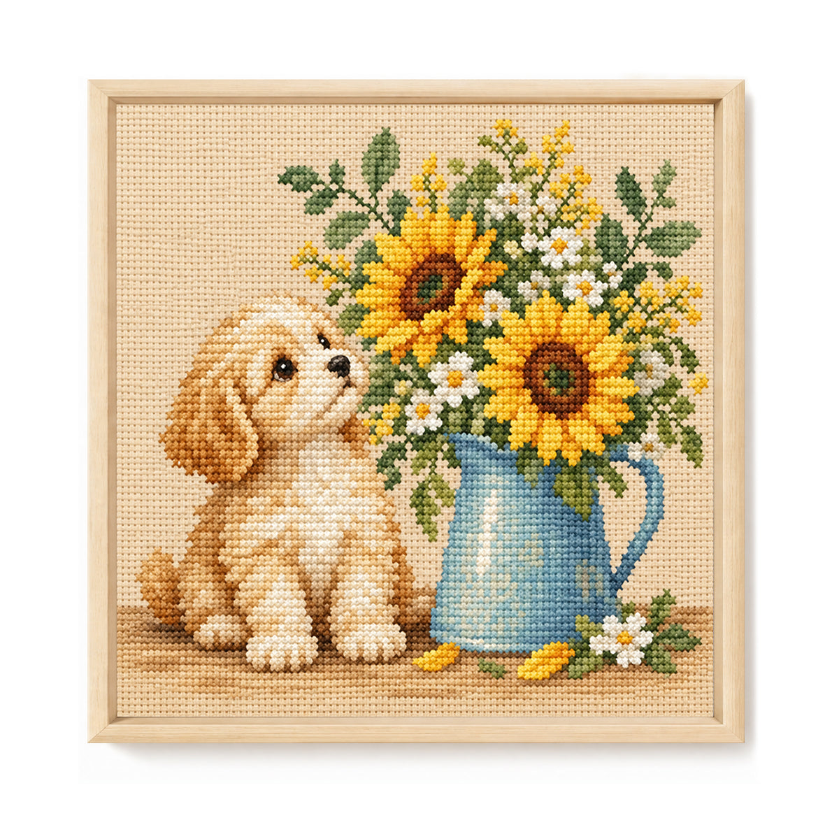 Welpen Sonnenblumen-Hund – Vollständiges 14CT gestempeltes Kreuzstich-Set 30x30CM – Huacan