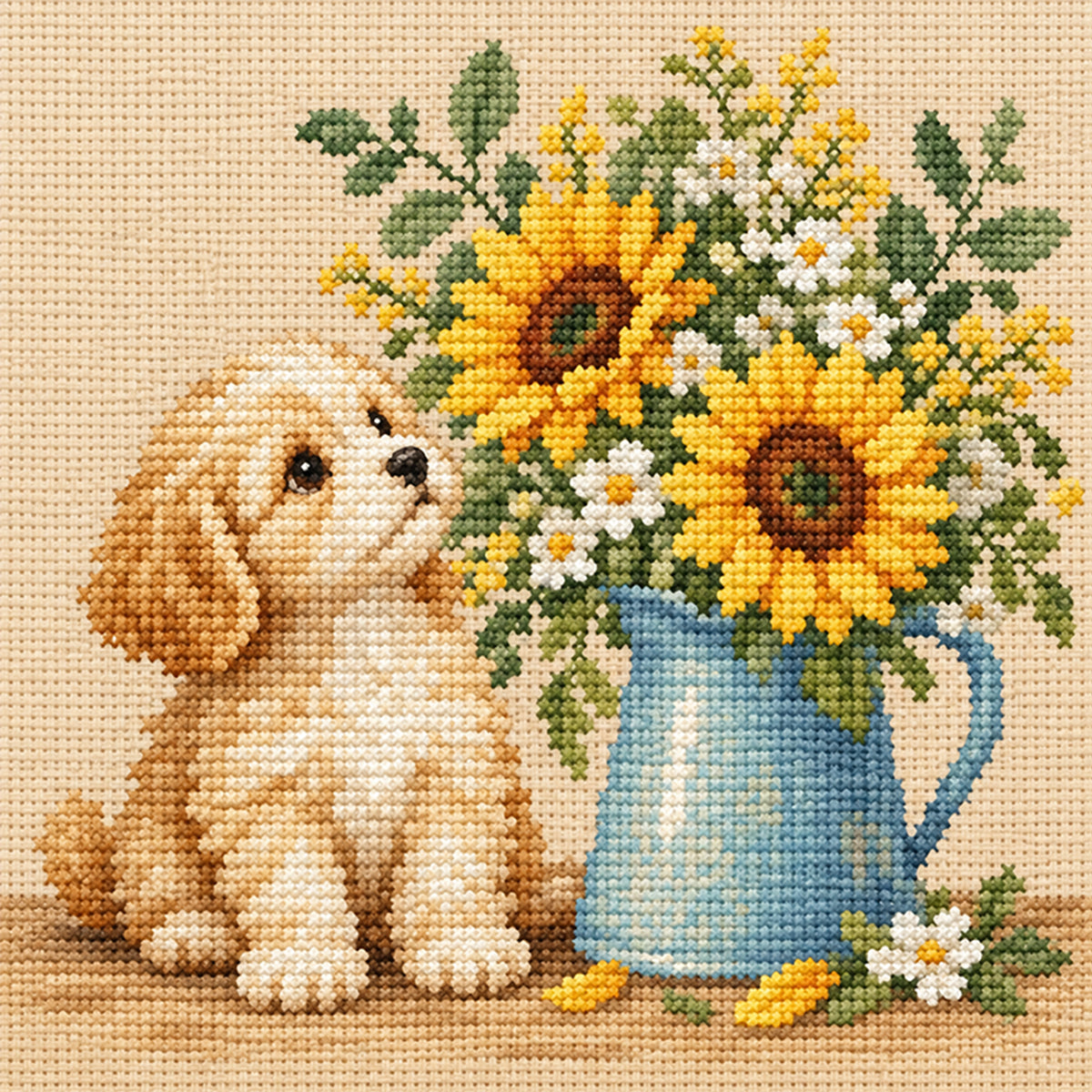 Welpen Sonnenblumen-Hund – Vollständiges 14CT gestempeltes Kreuzstich-Set 30x30CM – Huacan