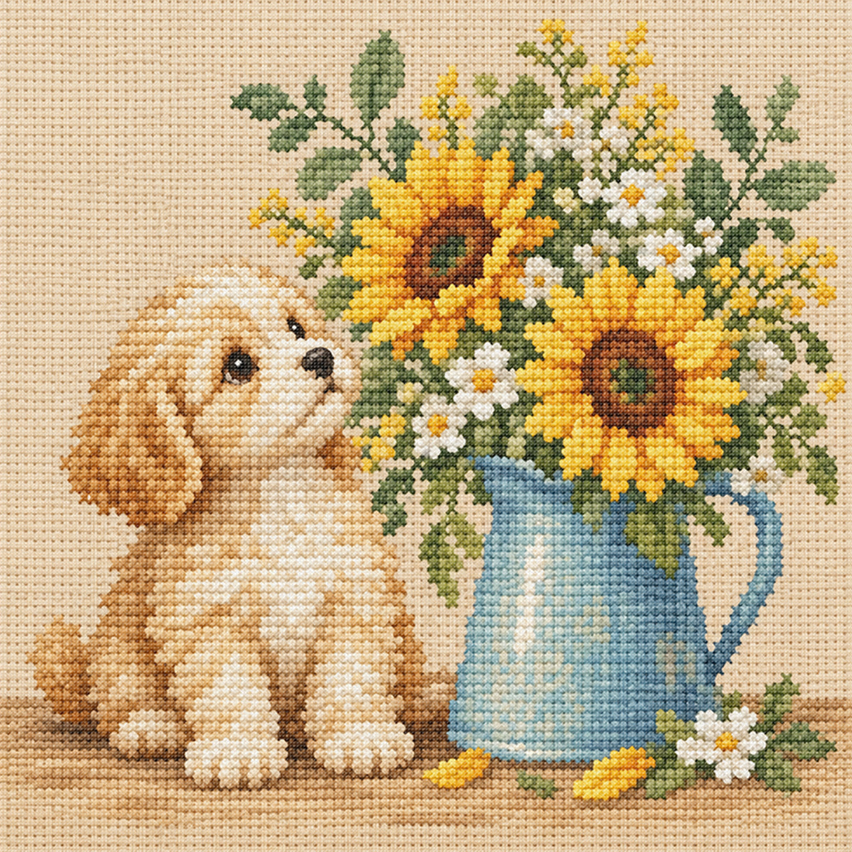 Welpen Sonnenblumen-Hund – Vollständiges 14CT gestempeltes Kreuzstich-Set 30x30CM – Huacan
