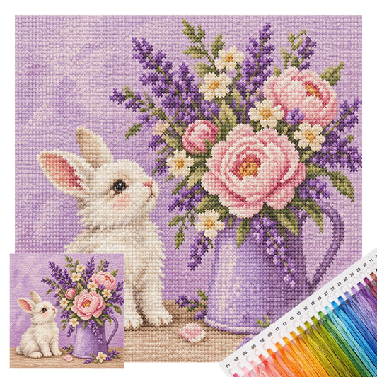 Hasen-Blumenstrauß - Vollständiges 14CT gestempeltes Kreuzstich-Set 30x30CM - Huacan