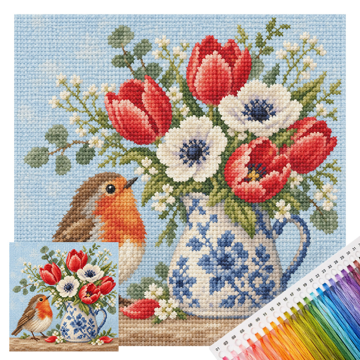 Robin Florals-Bird – Vollständiges 14CT-Stempel-Kreuzstichset 30x30CM – Huacan