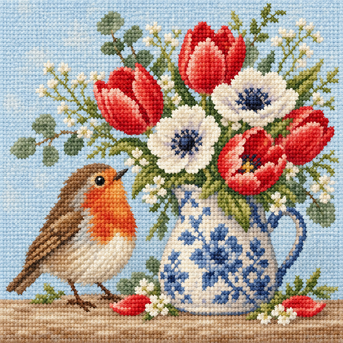 Robin Florals-Bird – Vollständiges 14CT-Stempel-Kreuzstichset 30x30CM – Huacan